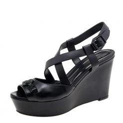 Versace Black Leather Wedge Criss Cross Platform Sandals Size 39 For Women