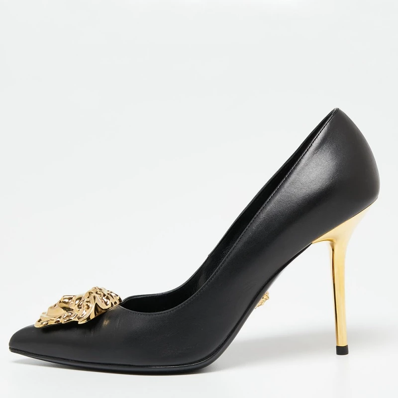 Versace Black Leather Medusa Head Pumps Size 37 For Women