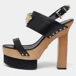 Versace Black Leather Medusa Wooden Block Heel Platform Sandals Size 40 For Women