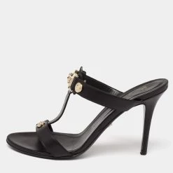 Versace Black Leather Medusa Slide Sandals Size 40 For Women