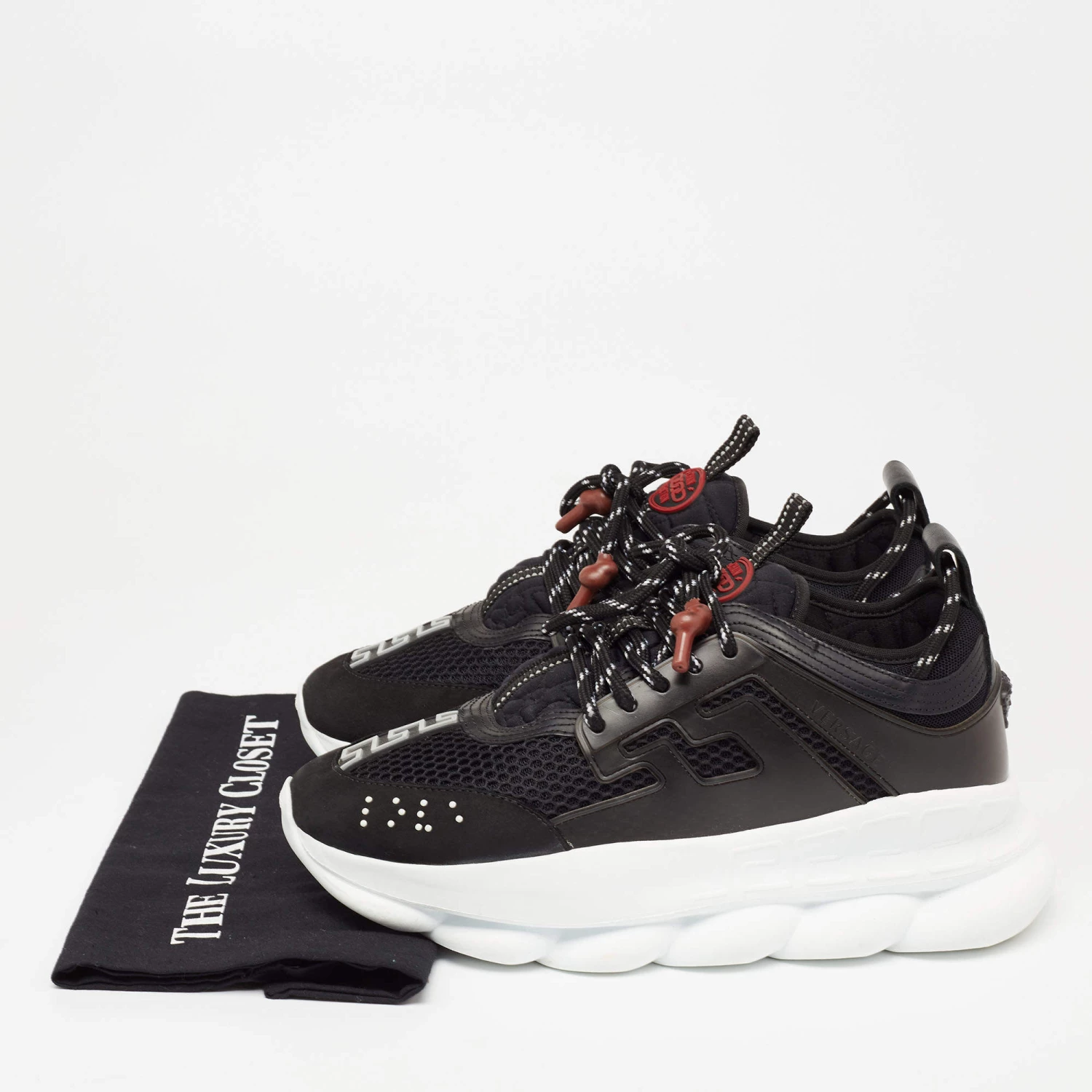 Versace Black Suede And Mesh Chain Reaction Sneakers Size 40 For Women - Image 9