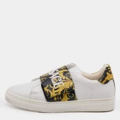 Versace White Leather Baroque Printed Logo Low Top Sneakers Size 39 For Women