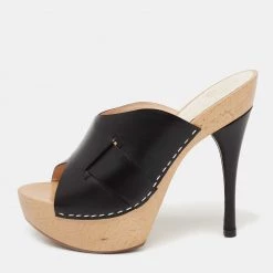 Versace Black Leather And Wooden Platform Slide Sandals Size 38.5 For Women