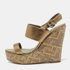 Versace Metallic Gold Leather Wedge Platform Sandals Size 40 For Women