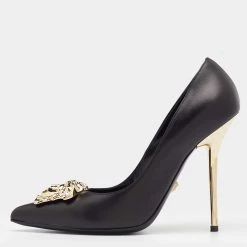Versace Black Leather Medusa Embellished Pointed Toe Pumps Size 38 For Women