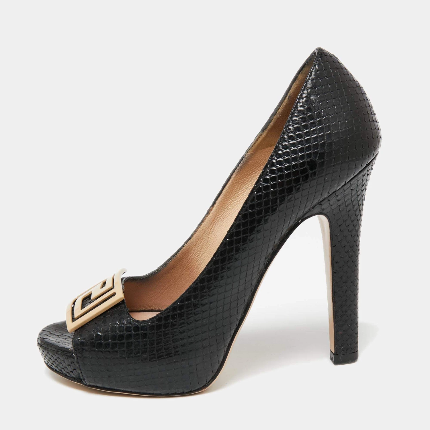 Versace Black Snakeskin Embossed Leather Open Toe Pumps Sze 36.5 For Women
