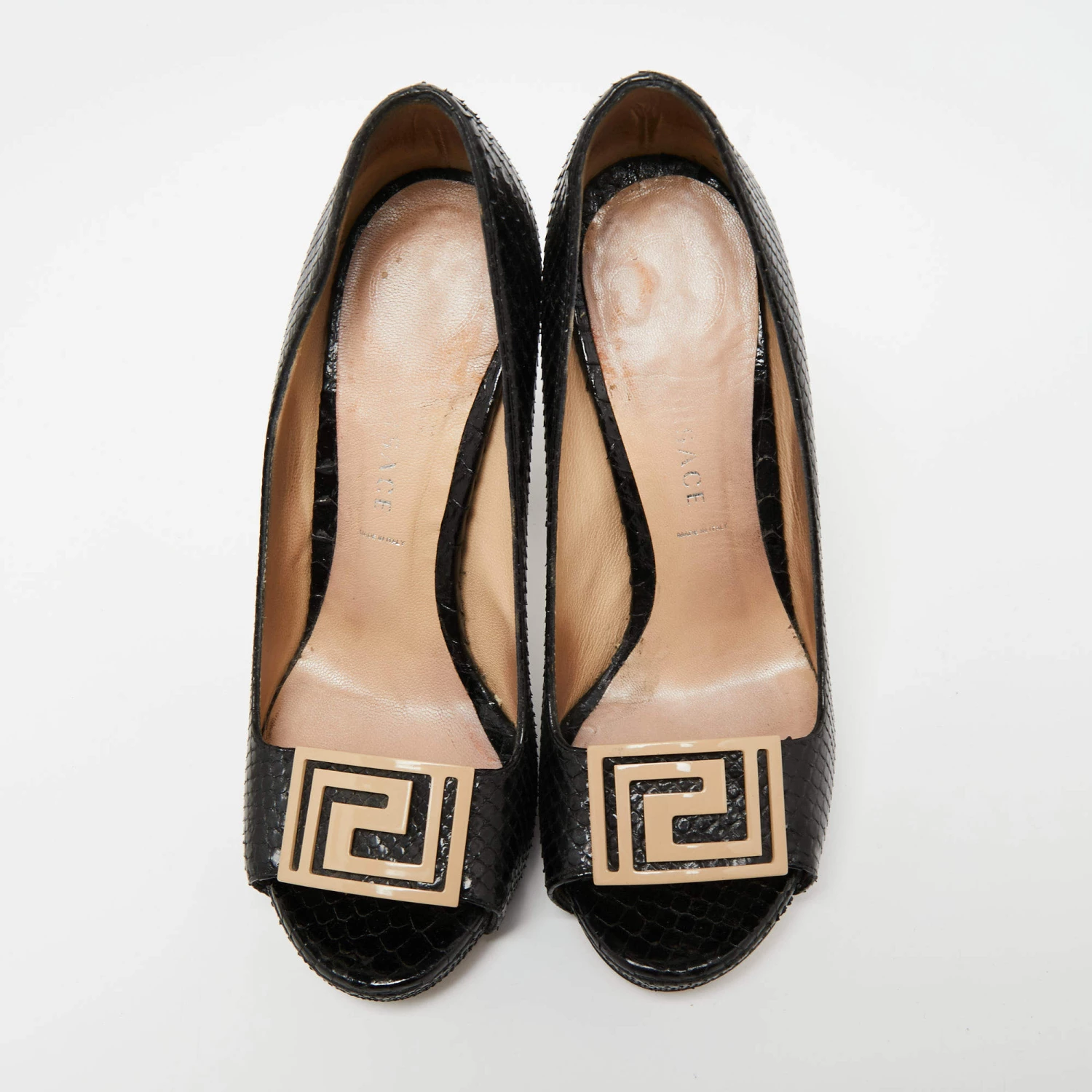 Versace Black Snakeskin Embossed Leather Open Toe Pumps Sze 36.5 For Women - Image 3