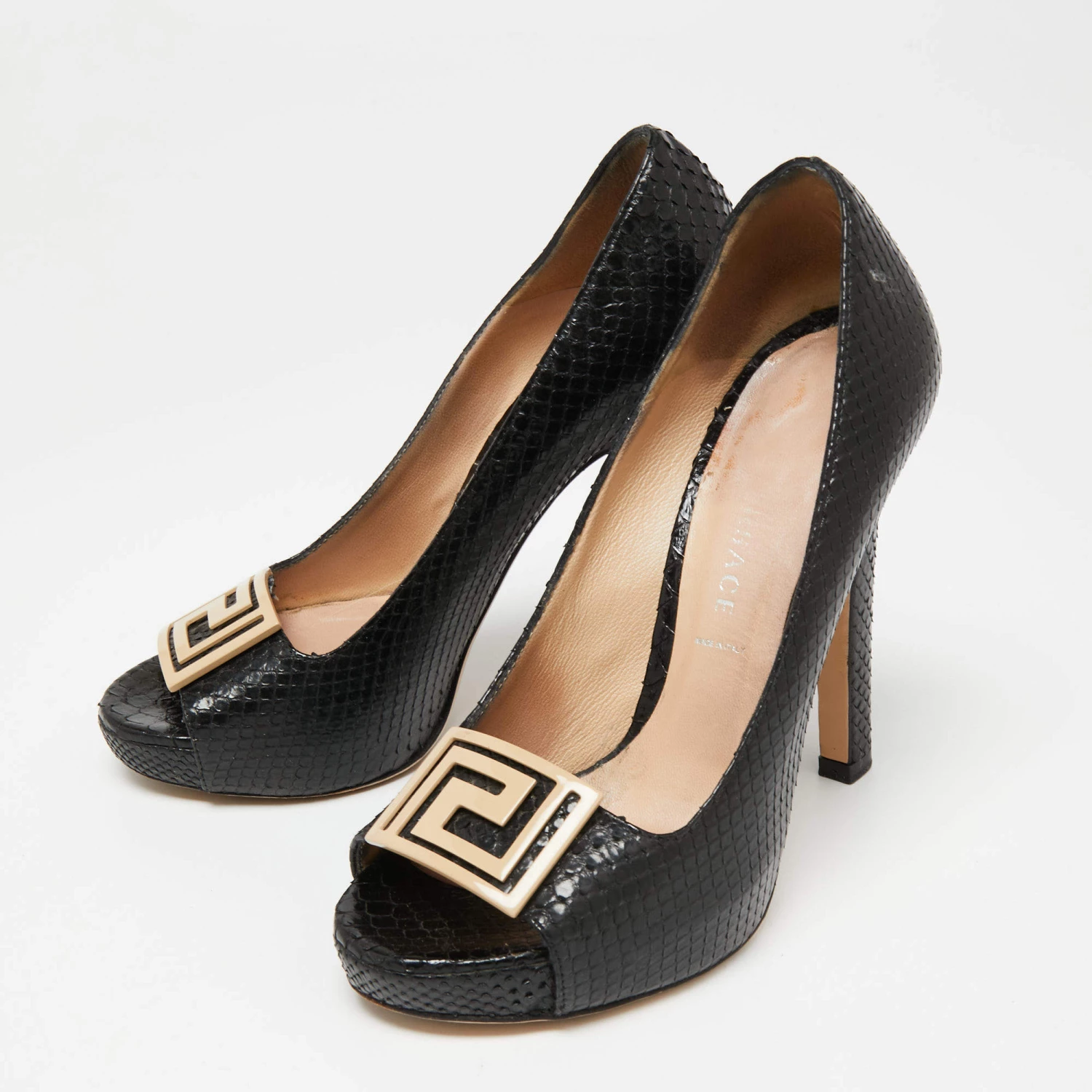 Versace Black Snakeskin Embossed Leather Open Toe Pumps Sze 36.5 For Women - Image 2