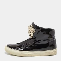 Versace Black Patent Leather Palazzo Medusa High Top Sneakers Size 38 For Women