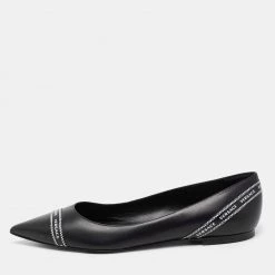 Versace Black Leather Logo Tape Detail Pointed Toe Ballet Flats Size 38.5 For Women