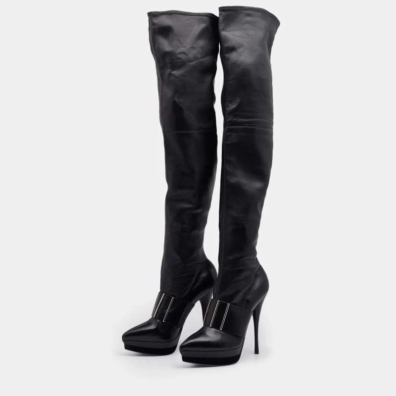 Versace Black Leather Platform Thigh High Boots Size 41 For Women - Image 2