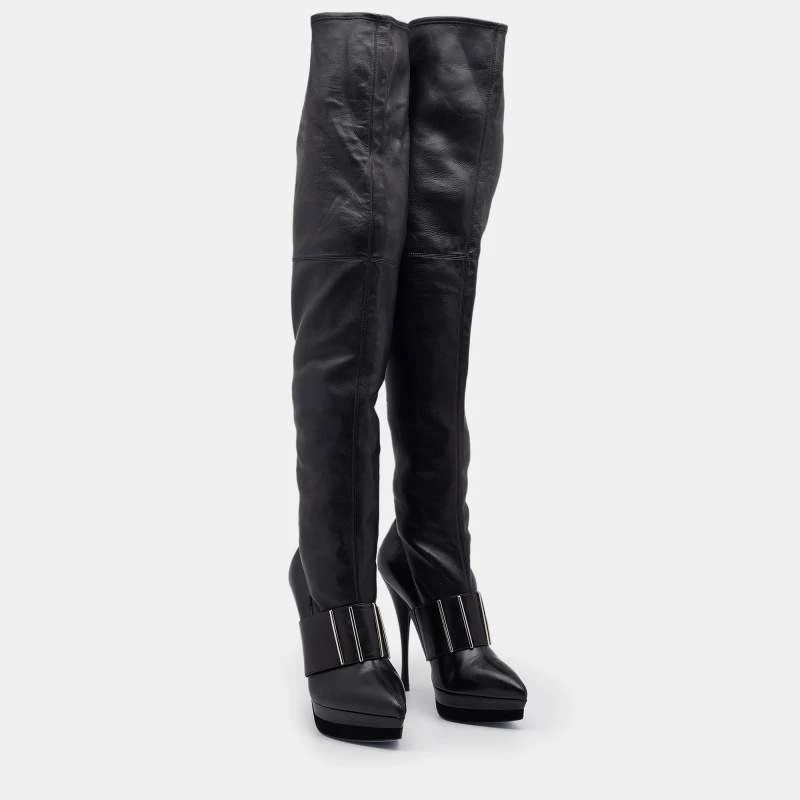 Versace Black Leather Platform Thigh High Boots Size 41 For Women - Image 4