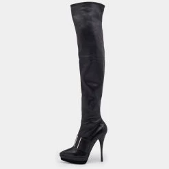 Versace Black Leather Platform Thigh High Boots Size 41 For Women
