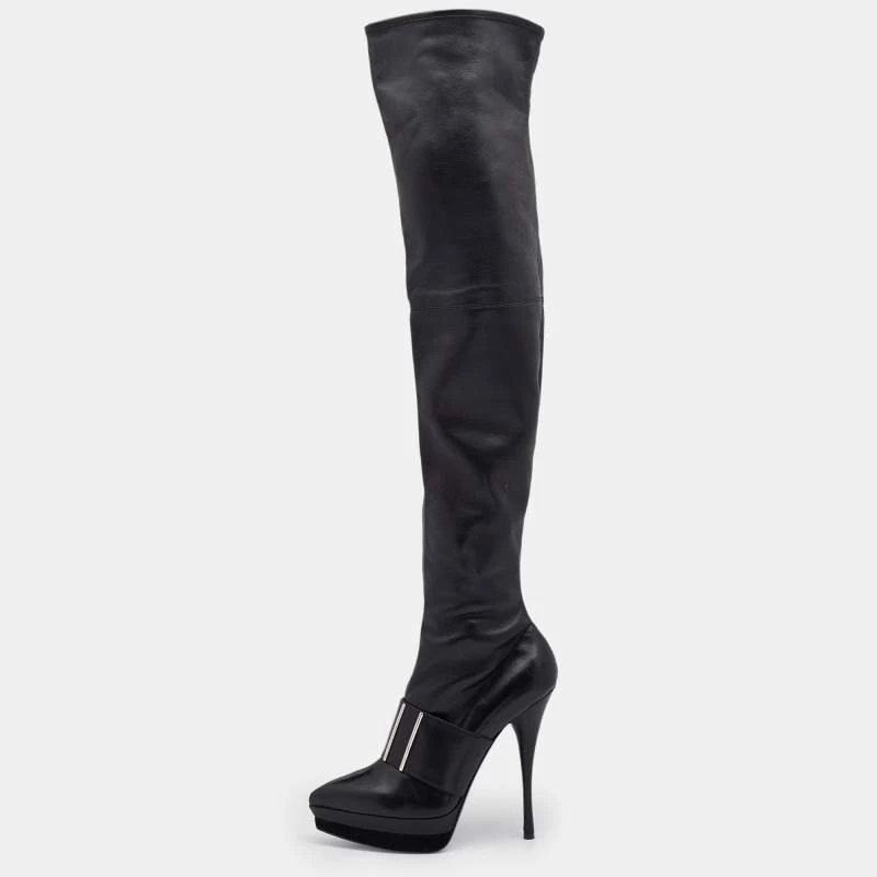Versace Black Leather Platform Thigh High Boots Size 41 For Women