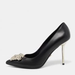 Versace Black Leather Palazzo Pointed Toe Pumps Size 38 For Women