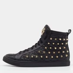 Versace Black Quilted Leather Medusa Studded High Top Sneakers Size 37.5 For Women