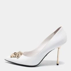 Versace White Leather Medusa Pointed Toe Pumps Size 39.5 For Women