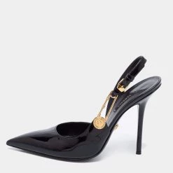 Versace Black Patent Leather Safety-Pin Ankle Strap Pumps Size 40 For Women