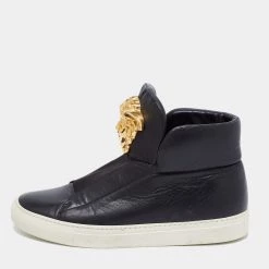Versace Black Leather Medusa Palazzo Slip On High Top Sneakers Size 40 For Women