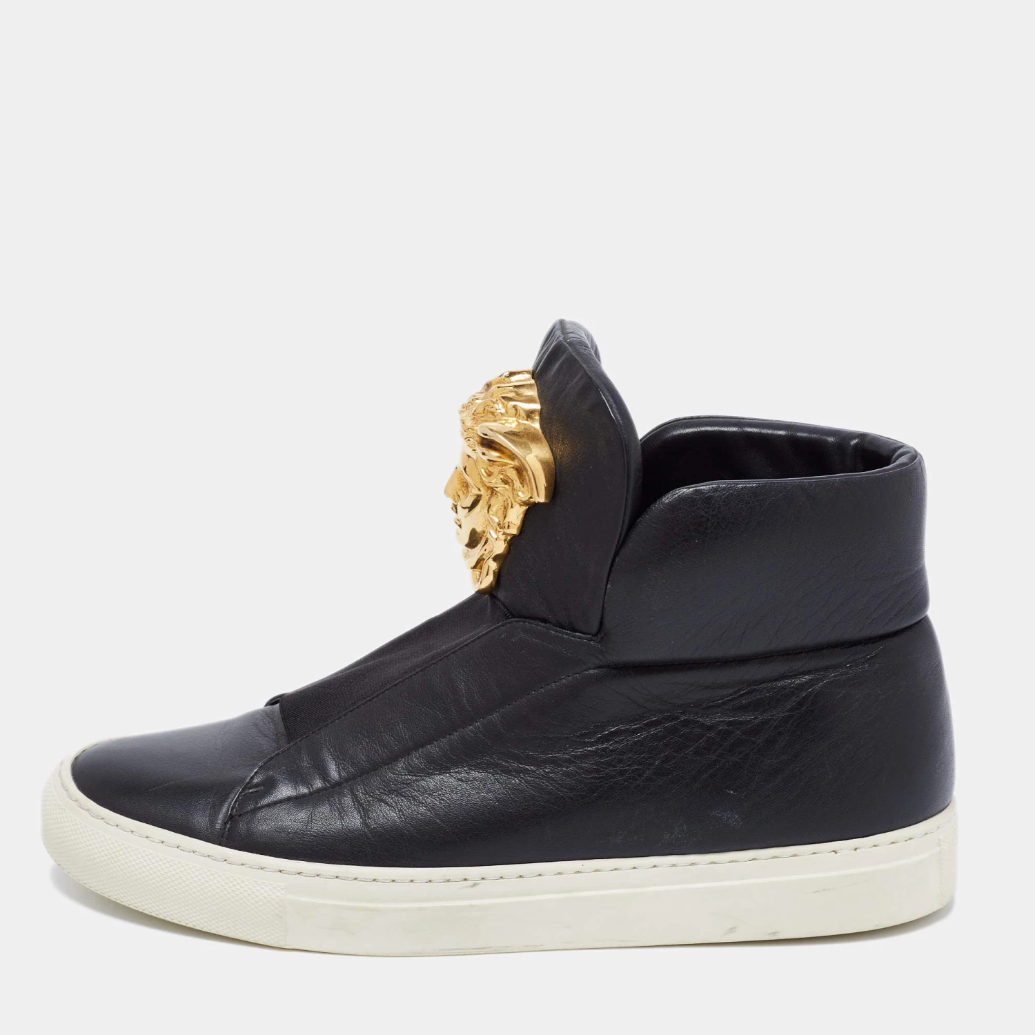 Versace Black Leather Medusa Palazzo Slip On High Top Sneakers Size 40 For Women