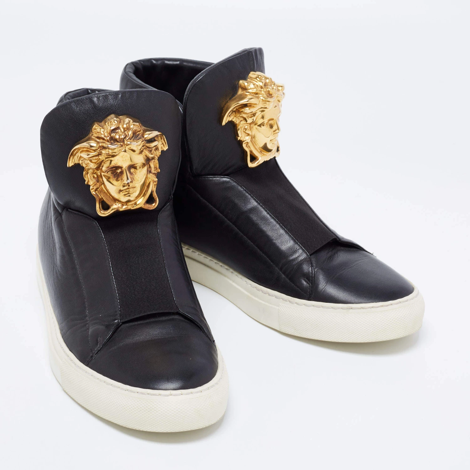 Versace Black Leather Medusa Palazzo Slip On High Top Sneakers Size 40 For Women - Image 4
