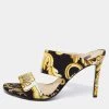 Versace Black Baroque Print Canvas Tribute Sandals Size 38 For Women