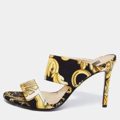 Versace Black Baroque Print Canvas Tribute Sandals Size 38 For Women