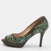 Versace Olive Brown Embroidered Leather Peep Toe Platform Pumps Size 36 For Women