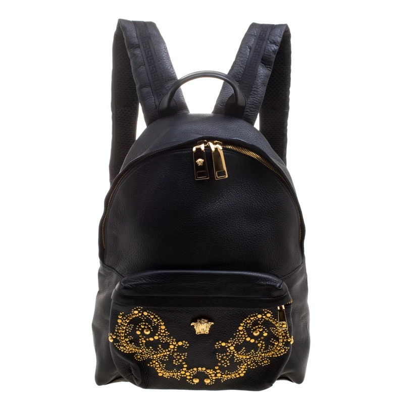 Versace Black Leather Studded Medusa Backpack For Women