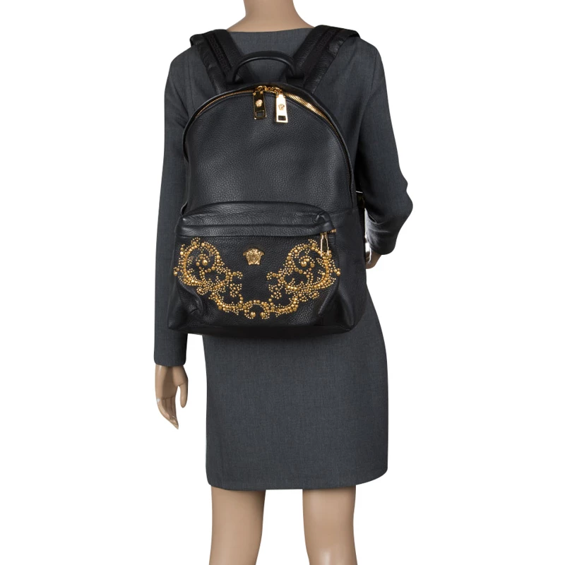 Versace Black Leather Studded Medusa Backpack For Women - Image 2
