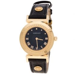 Versace Black Gold Tone Stainless Steel Vanity P5Q Women's Wristwatch 35 Mm For Women