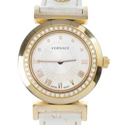 Versace White Gold-Plated Steel Leather Vanity Womens Wristwatch 34MM For Women