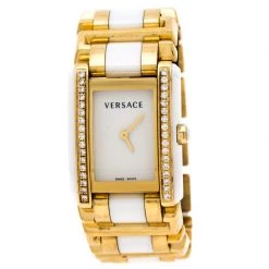 Versace White Ceramic Gold Stainless Steel Diamonds Era 70Q Women's Wristwatch 24 Mm For Women