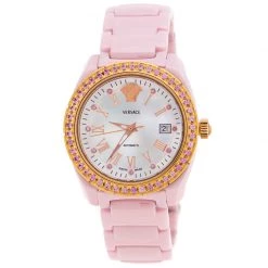 Versace Mother Of Pearl Pink Ceramic Pink Sapphire Rose Gold Plated Stainless Steel DV One A360022 Women's Wristwatch 40 Mm For Women