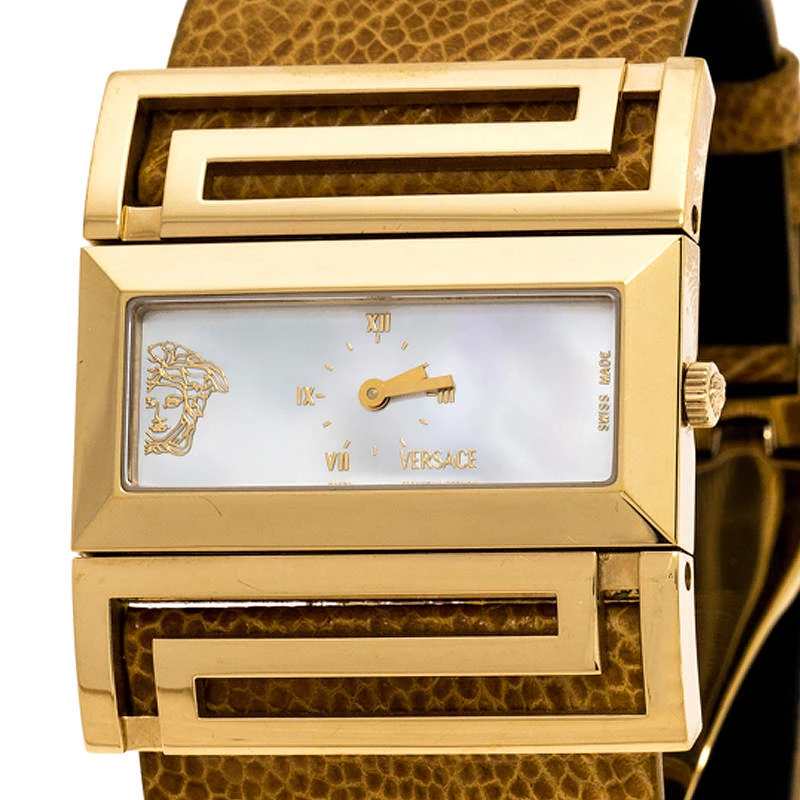 Versace Mother Of Pearl Gold Plated Stainless Steel Leather Beauville VSQ90 Women's Wristwatch 38 Mm For Women - Image 3
