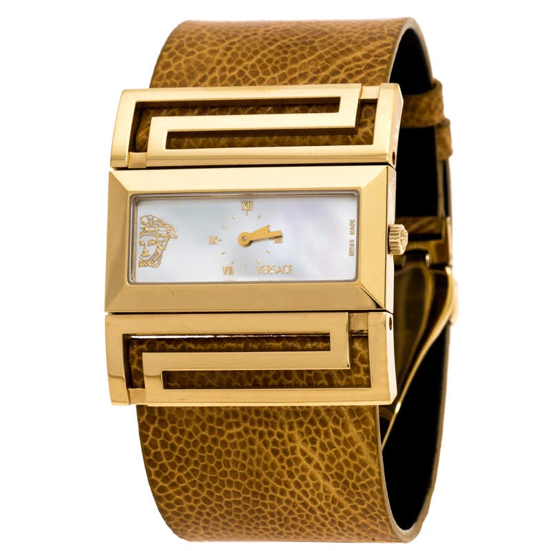 Versace Mother Of Pearl Gold Plated Stainless Steel Leather Beauville VSQ90 Women's Wristwatch 38 Mm For Women