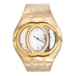 Versace White Opaline Yellow Gold Plated Stainless Steel Diamonds Eclissi 83Q Women's Wristwatch 39 Mm For Women