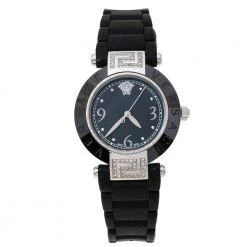 Versace Black Ceramic And Stainless Steel Diamond Reve 92Q Women's Wristwatch 35 Mm For Women