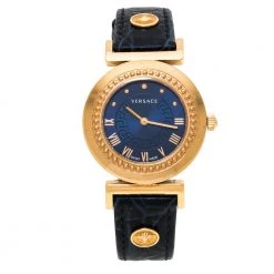 Versace Blue Gold Plated Stainless Steel Vanity P5Q Quartz Women's Wristwatch 35MM For Women