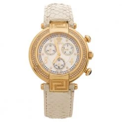 Versace White Mother Of Pearl Gold Plated Steel Diamond Python Leather Reve 68C Women's Wristwatch 40 Mm For Women