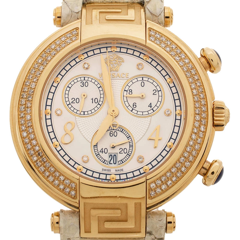 Versace White Mother Of Pearl Gold Plated Steel Diamond Python Leather Reve 68C Women's Wristwatch 40 Mm For Women - Image 3