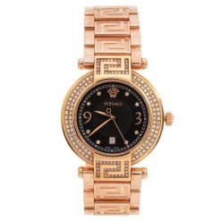 Versace Black Rose Gold Plated Stainless Steel Diamond Reve 68Q Women's Wristwatch 35 Mm For Women