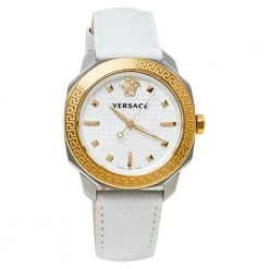 Versace White Two-Tone Stainless Steel Leather Dylos VQD020015 Women's Wristwatch 35 Mm For Women