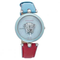 Versace Blue Stainless Steel & Leather Palazzo VCO 070017 Women's Wristwatch 37mm For Women