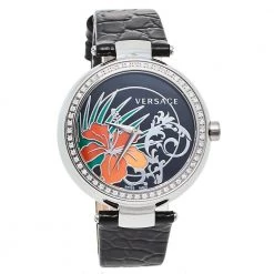 Versace Black Stainless Steel Leather Diamonds Hibiscus Mystique I9Q91D9HI S009 Women's Wristwatch 38 Mm For Women