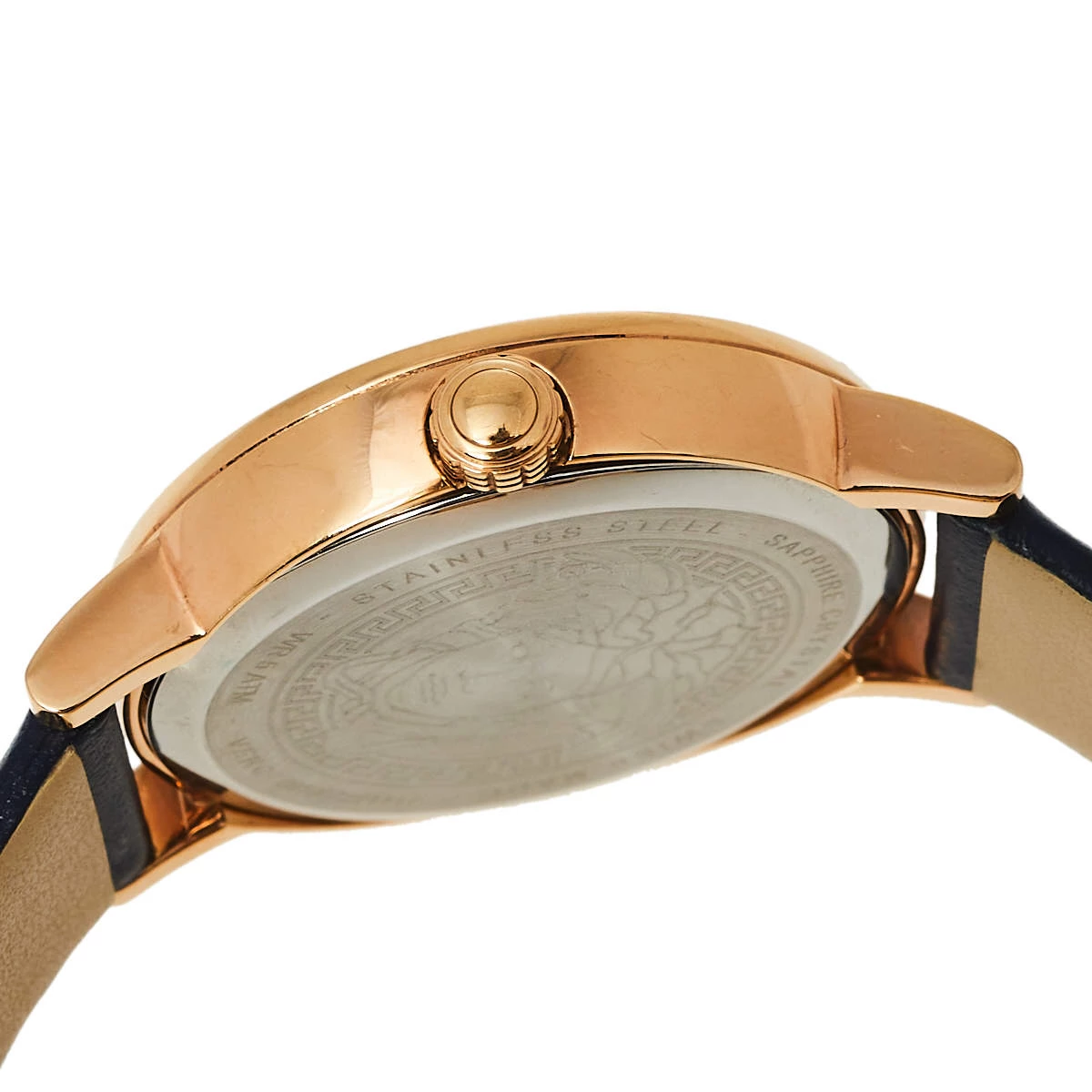 Versace Blue Gold Plated Stainless Steel Leather Virtus VEHC Women's Wristwatch 36 Mm For Women - Image 6