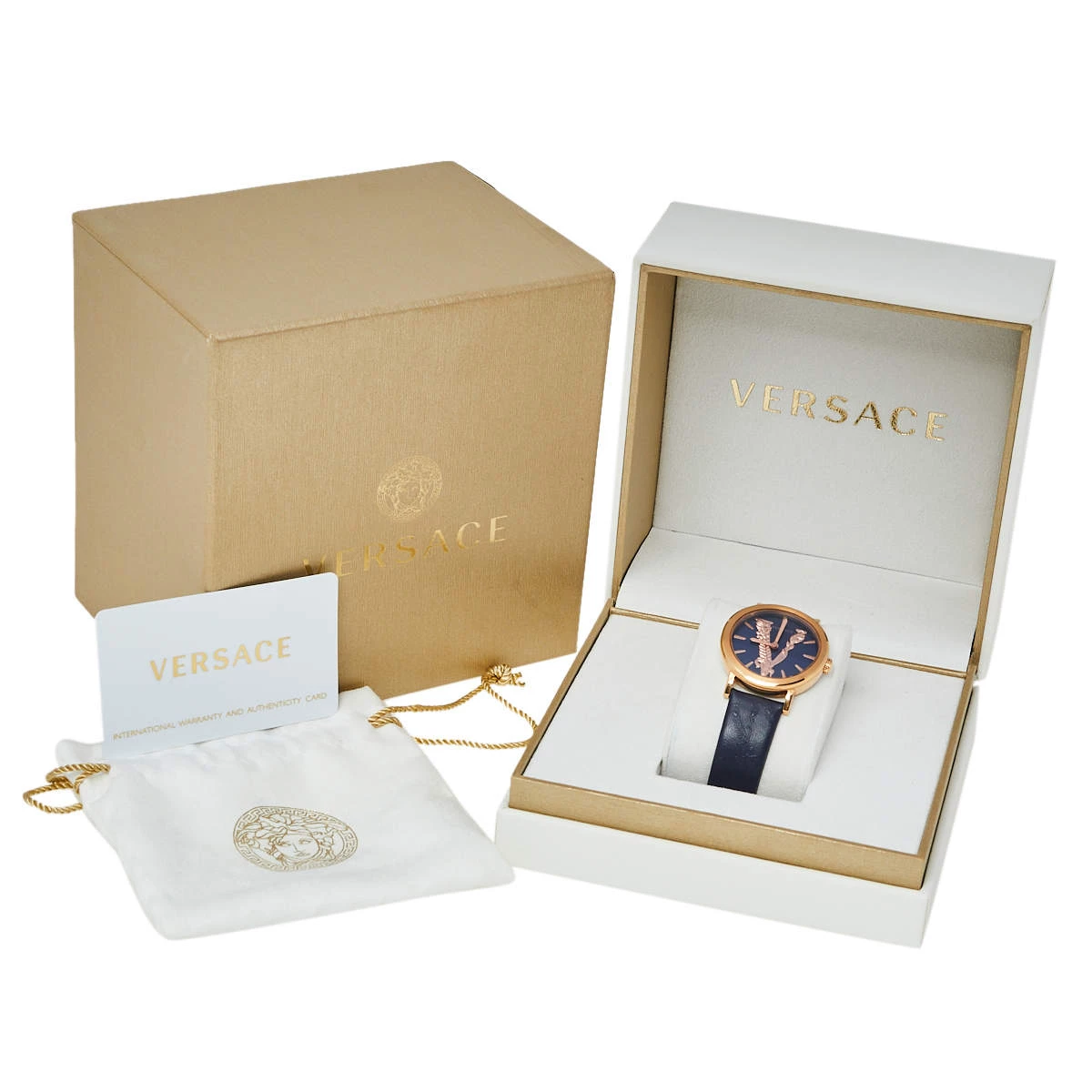 Versace Blue Gold Plated Stainless Steel Leather Virtus VEHC Women's Wristwatch 36 Mm For Women - Image 8