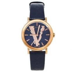 Versace Blue Gold Plated Stainless Steel Leather Virtus VEHC Women's Wristwatch 36 Mm For Women