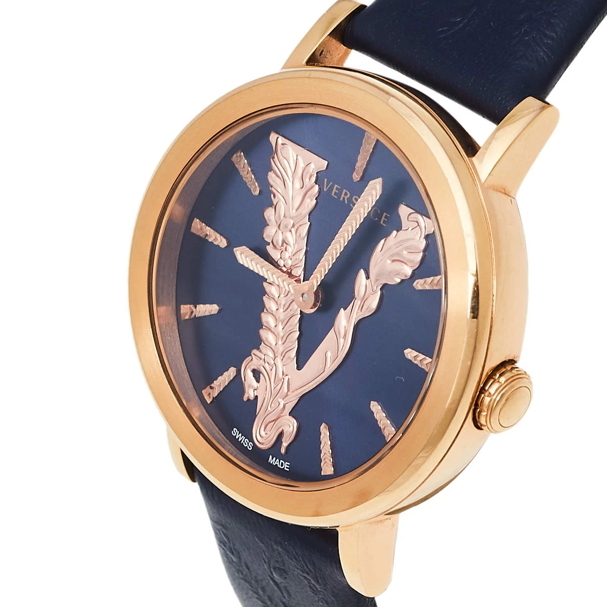 Versace Blue Gold Plated Stainless Steel Leather Virtus VEHC Women's Wristwatch 36 Mm For Women - Image 2