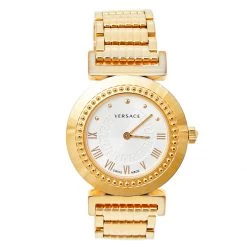 Versace Opaline White Yellow Gold Tone Stainless Steel Vanity P5Q Women's Wristwatch 35 Mm For Women